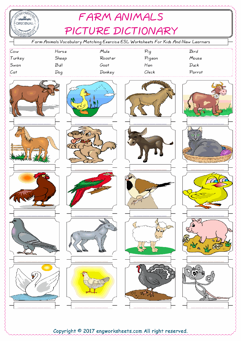 Farm Animals for Kids ESL Word Matching English Exercise Worksheet. 